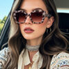 1 pièce Lunettes de soleil carrées en plastique décorées à la mode pour le port quotidien, lunettes de soleil de plage, accessoires de plage pour femmes, lunettes de soleil, lunettes de soleil – Image 5