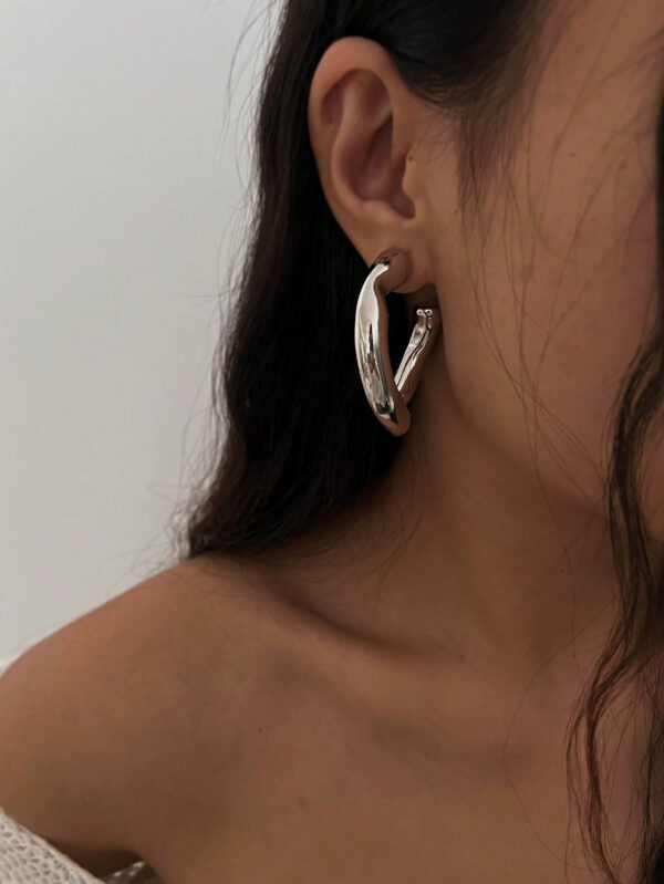 1 paire Boucles d'oreilles géométriques asymétriques rétro en métal en forme de vague et de cercle – Image 5