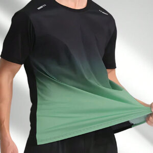 T-shirt sport à manches courtes avec col rond, à imprimé dégradé, style petit-ami, lâche, respirant, en maille ultra-fine, idéal pour le printemps et l'été, pour la course et le fitness en extérieur