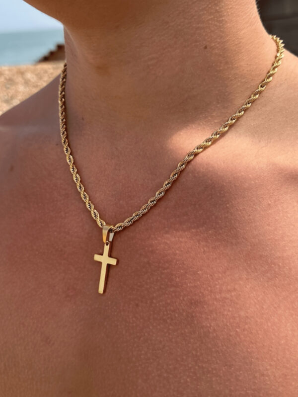 1 pièce Nouvelle mode Pendentif croix en acier inoxydable plaqué or 18K avec chaîne en corde tordue, convenable pour un bijou de port quotidien pour hommes et comme cadeau – Image 6
