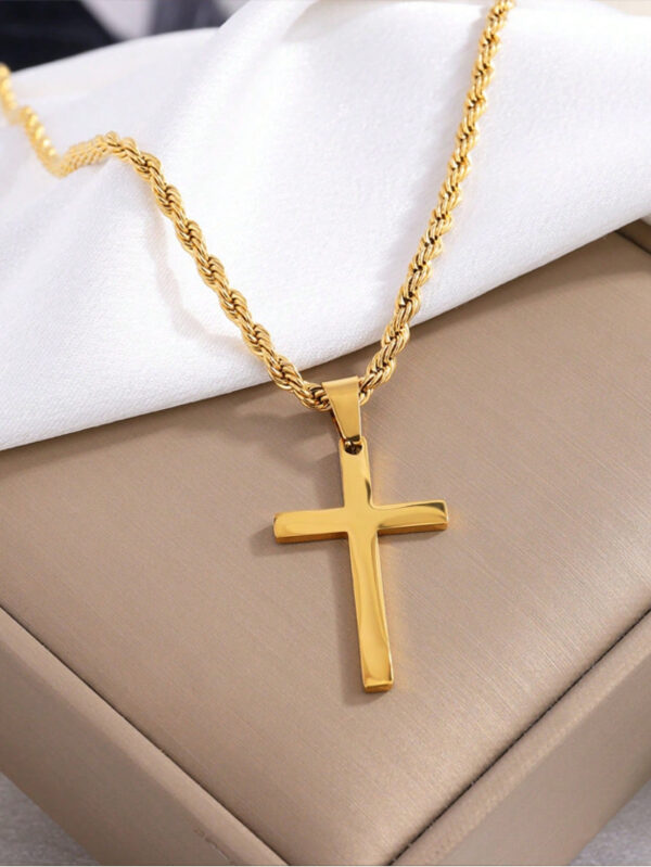1 pièce Nouvelle mode Pendentif croix en acier inoxydable plaqué or 18K avec chaîne en corde tordue, convenable pour un bijou de port quotidien pour hommes et comme cadeau – Image 7