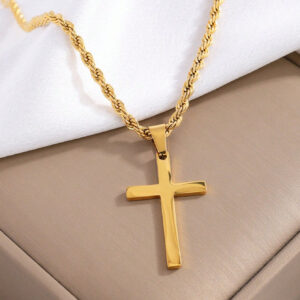 1 pièce Nouvelle mode Pendentif croix en acier inoxydable plaqué or 18K avec chaîne en corde tordue, convenable pour un bijou de port quotidien pour hommes et comme cadeau