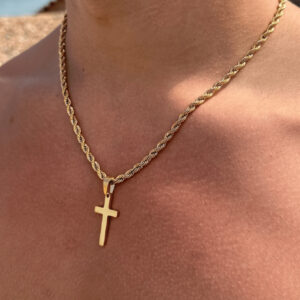 1 pièce Nouvelle mode Pendentif croix en acier inoxydable plaqué or 18K avec chaîne en corde tordue, convenable pour un bijou de port quotidien pour hommes et comme cadeau