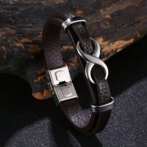 Bracelet vintage marron pour homme avec décoration en métal doré