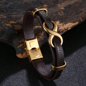 Bracelet vintage marron pour homme avec décoration en métal doré