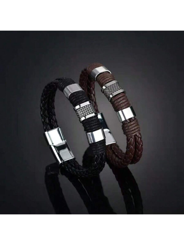 1 pièce Bracelet d'homme de luxe vintage multicouche en PU brun et perle, bijoux en acier inoxydable, bracelet de poignet masculin, cadeau d'affaires Noir Nouvelle Collection 2024 2025 – Image 2