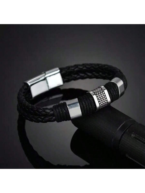 1 pièce Bracelet d'homme de luxe vintage multicouche en PU brun et perle, bijoux en acier inoxydable, bracelet de poignet masculin, cadeau d'affaires Noir Nouvelle Collection 2024 2025 – Image 3
