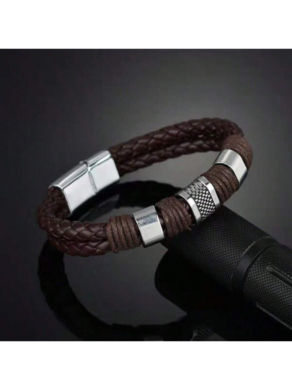 1 pièce Bracelet d'homme de luxe vintage multicouche en PU brun et perle, bijoux en acier inoxydable, bracelet de poignet masculin, cadeau d'affaires Noir Nouvelle Collection 2024 2025 – Image 4
