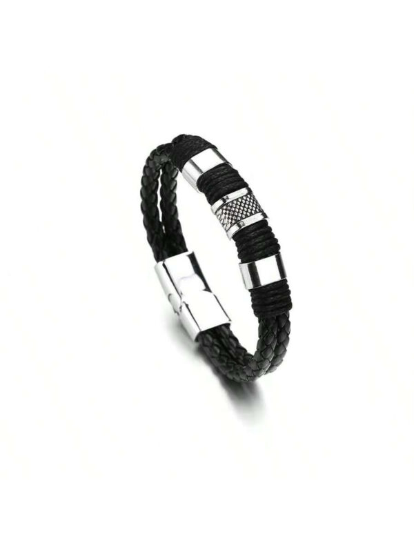1 pièce Bracelet d'homme de luxe vintage multicouche en PU brun et perle, bijoux en acier inoxydable, bracelet de poignet masculin, cadeau d'affaires Noir Nouvelle Collection 2024 2025 – Image 6