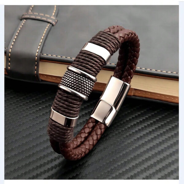 1 pièce Bracelet d'homme de luxe vintage multicouche en PU brun et perle, bijoux en acier inoxydable, bracelet de poignet masculin, cadeau d'affaires Noir Nouvelle Collection 2024 2025 – Image 7