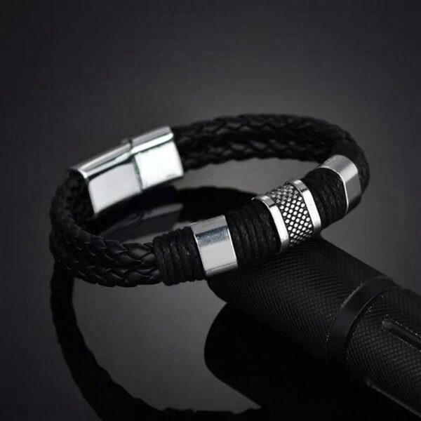 1 pièce Bracelet d'homme de luxe vintage multicouche en PU brun et perle, bijoux en acier inoxydable, bracelet de poignet masculin, cadeau d'affaires Noir Nouvelle Collection 2024 2025 – Image 8