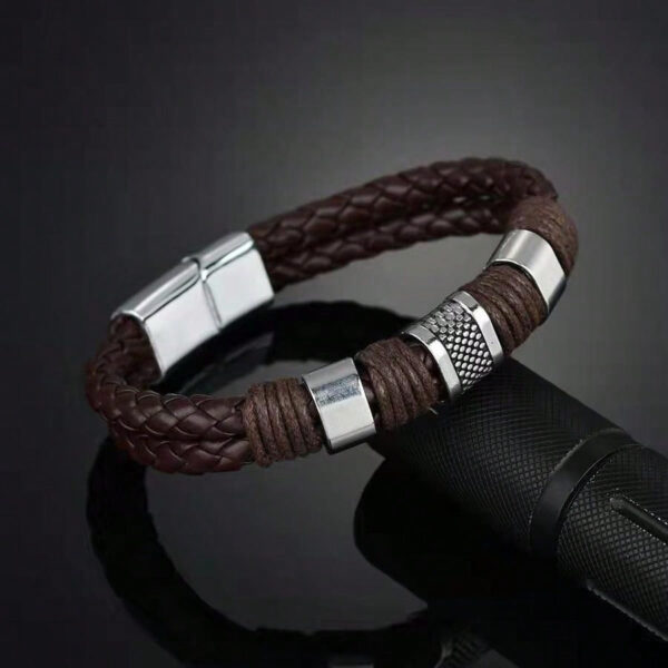 1 pièce Bracelet d'homme de luxe vintage multicouche en PU brun et perle, bijoux en acier inoxydable, bracelet de poignet masculin, cadeau d'affaires Noir Nouvelle Collection 2024 2025 – Image 9