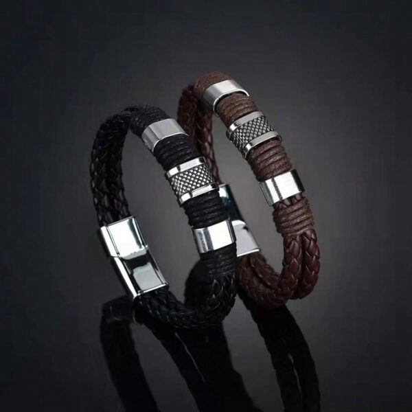 1 pièce Bracelet d'homme de luxe vintage multicouche en PU brun et perle, bijoux en acier inoxydable, bracelet de poignet masculin, cadeau d'affaires Noir Nouvelle Collection 2024 2025 – Image 10