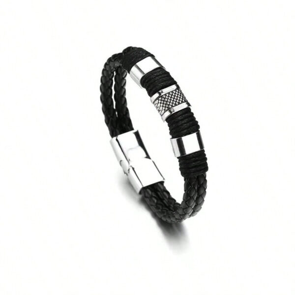 1 pièce Bracelet d'homme de luxe vintage multicouche en PU brun et perle, bijoux en acier inoxydable, bracelet de poignet masculin, cadeau d'affaires Noir Nouvelle Collection 2024 2025 – Image 12