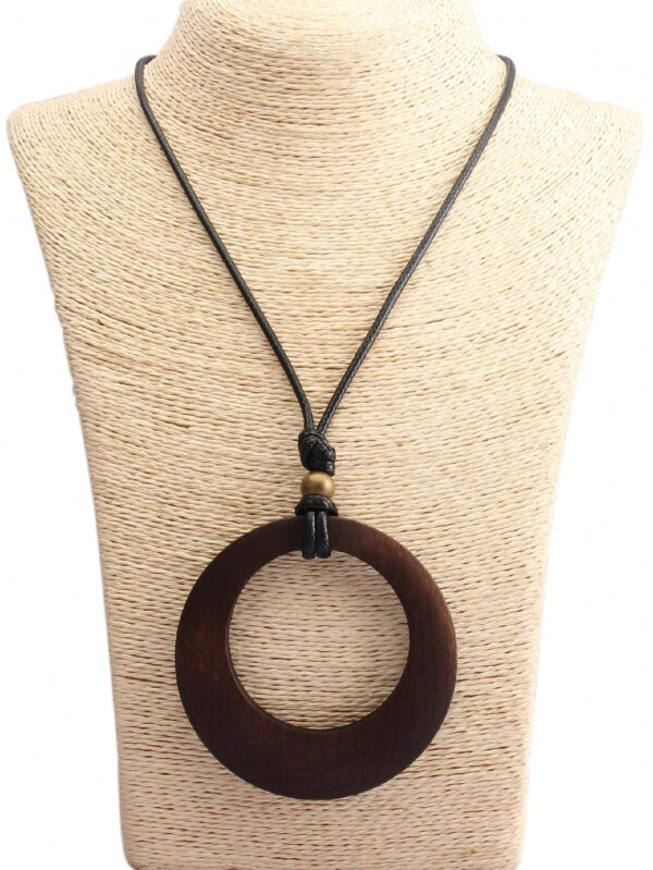 1 pièce Collier long avec pendentif en bois rétro à motif géométrique circulaire, collier en corde de cire de style élégant bohème pour hommes, chaîne pour pull, cadeau de festival – Image 3