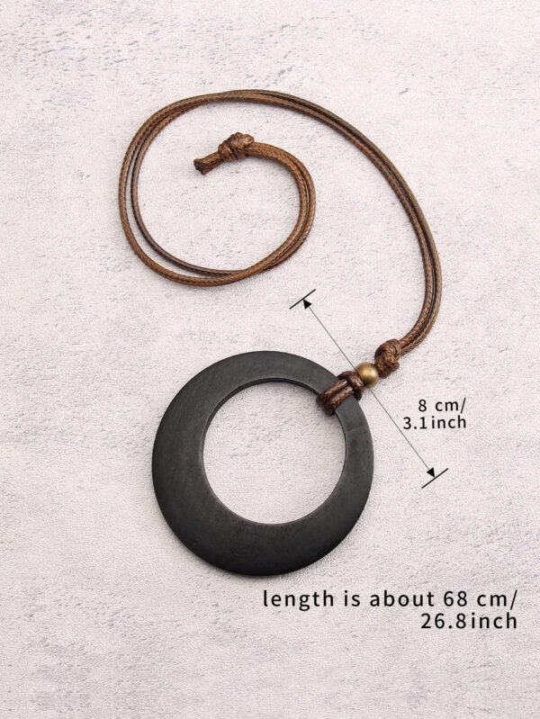 1 pièce Collier long avec pendentif en bois rétro à motif géométrique circulaire, collier en corde de cire de style élégant bohème pour hommes, chaîne pour pull, cadeau de festival – Image 7