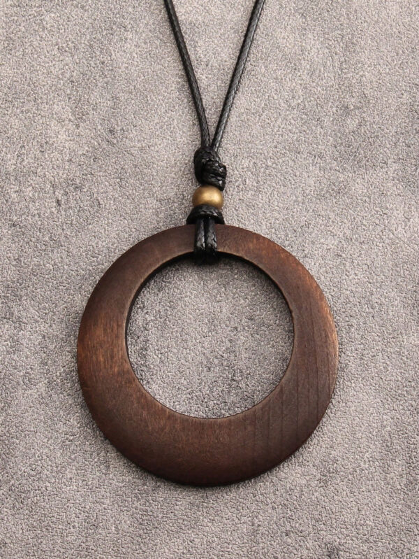 1 pièce Collier long avec pendentif en bois rétro à motif géométrique circulaire, collier en corde de cire de style élégant bohème pour hommes, chaîne pour pull, cadeau de festival – Image 10