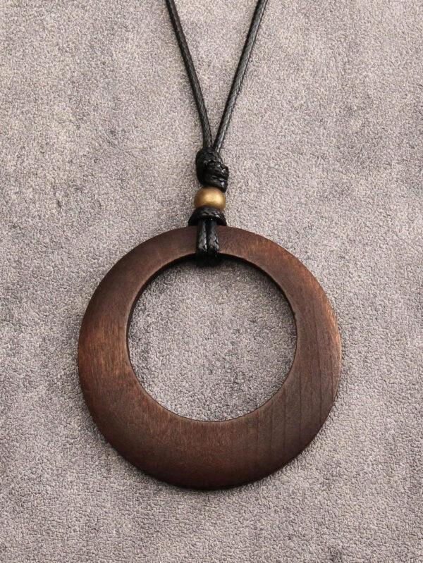 1 pièce Collier long avec pendentif en bois rétro à motif géométrique circulaire, collier en corde de cire de style élégant bohème pour hommes, chaîne pour pull, cadeau de festival – Image 11