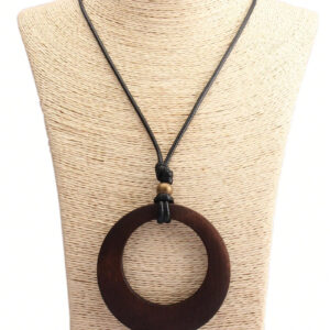 1 pièce Collier long avec pendentif en bois rétro à motif géométrique circulaire, collier en corde de cire de style élégant bohème pour hommes, chaîne pour pull, cadeau de festival