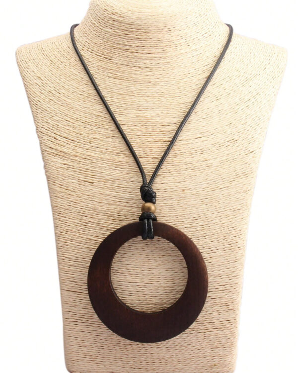 1 pièce Collier long avec pendentif en bois rétro à motif géométrique circulaire, collier en corde de cire de style élégant bohème pour hommes, chaîne pour pull, cadeau de festival – Image 13