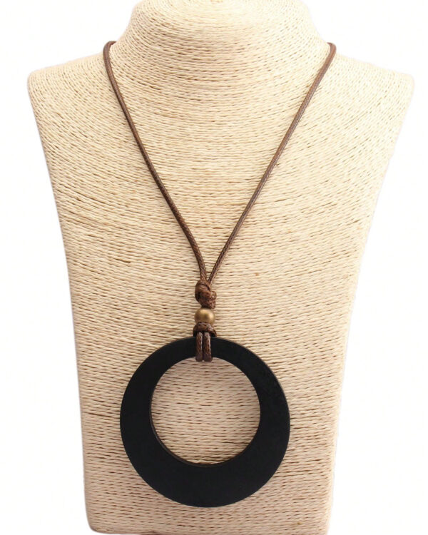 1 pièce Collier long avec pendentif en bois rétro à motif géométrique circulaire, collier en corde de cire de style élégant bohème pour hommes, chaîne pour pull, cadeau de festival – Image 18