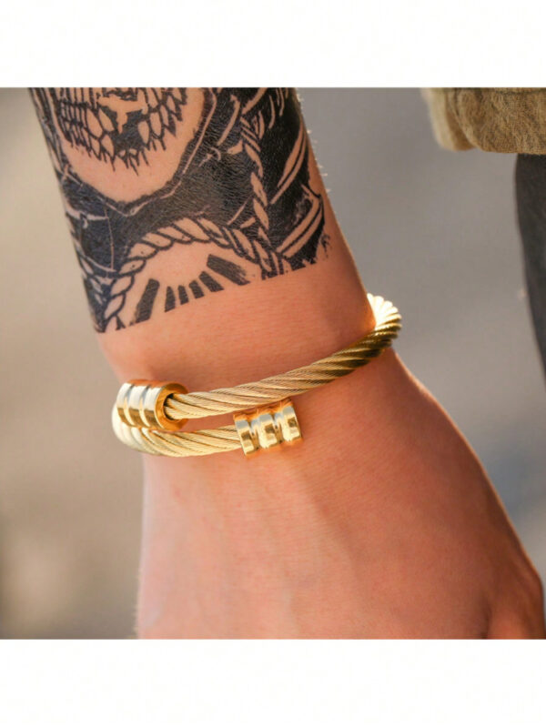 1 Bracelet Pour Homme En Acier Inoxydable Plaqué Or 18 Carats Avec Design Fileté Torsadé – Image 3
