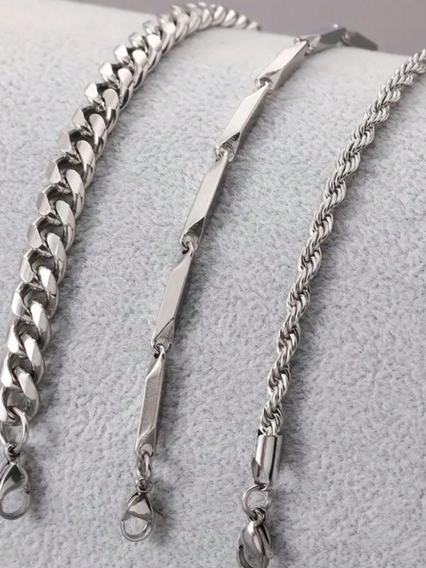 Ensemble de bracelets en acier inoxydable élégant et minimaliste argenté pour usage quotidien et bijoux de fête pour hommes, 3 pièces – Image 3