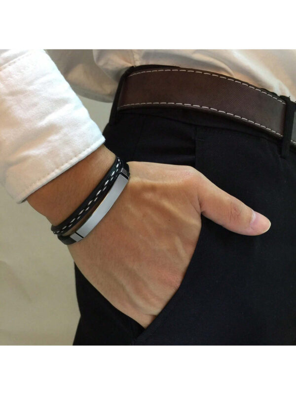 1 Pièce Bracelet Double Couche Tressé Pu À Plaque Pliée En Acier Inoxydable Argenté Pour Homme Cadeaux