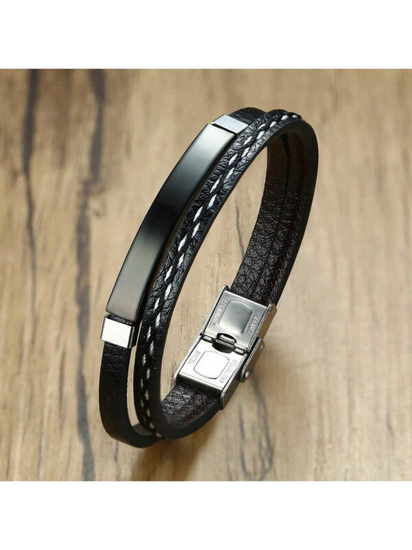 1 Pièce Bracelet Double Couche Tressé Pu À Plaque Pliée En Acier Inoxydable Argenté Pour Homme Cadeaux – Image 2