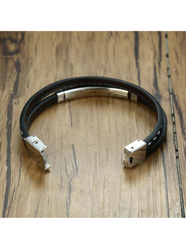1 Pièce Bracelet Double Couche Tressé Pu À Plaque Pliée En Acier Inoxydable Argenté Pour Homme Cadeaux – Image 4