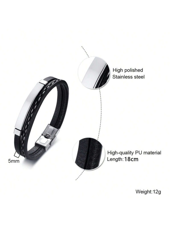 1 Pièce Bracelet Double Couche Tressé Pu À Plaque Pliée En Acier Inoxydable Argenté Pour Homme Cadeaux – Image 6