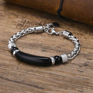 1 Pièce Bracelet Pour Homme En Acier Inoxydable Vintage À Chaîne Argentée À La Personnalité À La Mode Orné De Pierres D'œil De Tigre Marron Pour Les Rendez-vous Amoureux