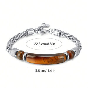 1 Pièce Bracelet Pour Homme En Acier Inoxydable Vintage À Chaîne Argentée À La Personnalité À La Mode Orné De Pierres D'œil De Tigre Marron Pour Les Rendez-vous Amoureux