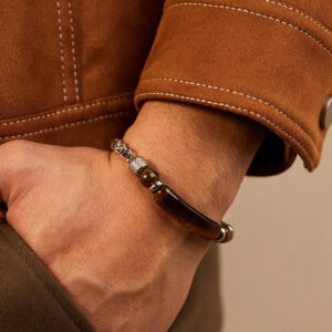 1 Pièce Bracelet Pour Homme En Acier Inoxydable Vintage À Chaîne Argentée À La Personnalité À La Mode Orné De Pierres D'œil De Tigre Marron Pour Les Rendez-vous Amoureux