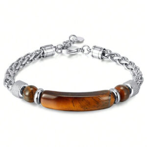 1 Pièce Bracelet Pour Homme En Acier Inoxydable Vintage À Chaîne Argentée À La Personnalité À La Mode Orné De Pierres D'œil De Tigre Marron Pour Les Rendez-vous Amoureux