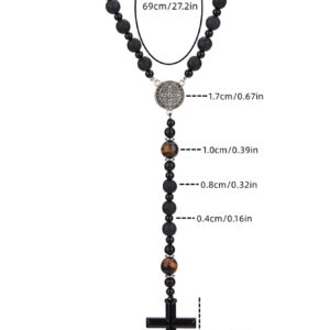 1pc Style Vintage Noir Perlé Roche Volcanique Et Oeil De Tigre Pierre Alliage Pendentif Croix, Adapté À L'usure Quotidienne Des Hommes