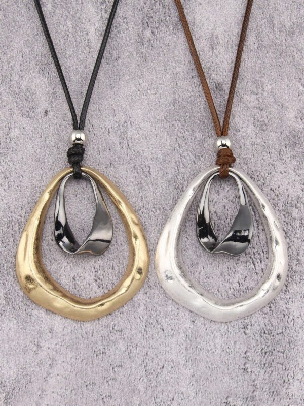 1 pièce Mode Collier à pendentif rond plat asymétrique géométrique en métal avec double cercle orné de perles pour hommes, corde de cire marron et noire, collier simple et décontracté – Image 3