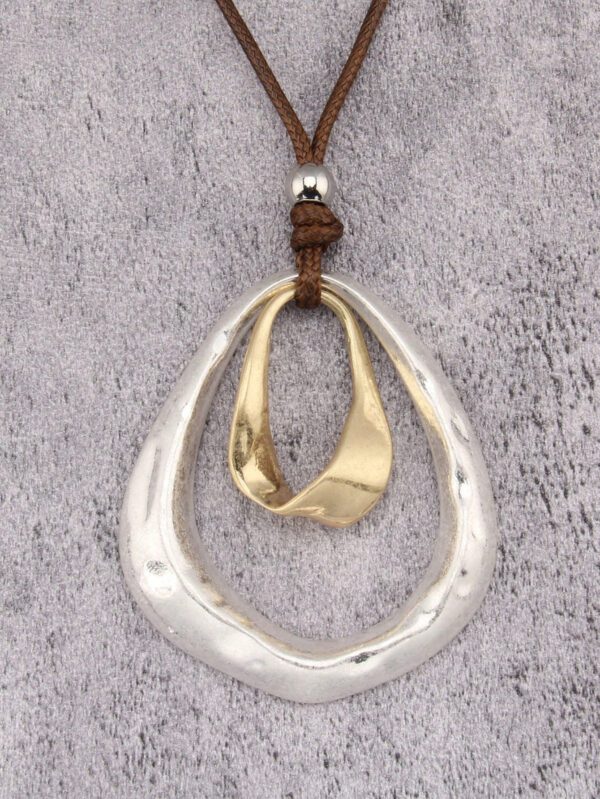 1 pièce Mode Collier à pendentif rond plat asymétrique géométrique en métal avec double cercle orné de perles pour hommes, corde de cire marron et noire, collier simple et décontracté – Image 5
