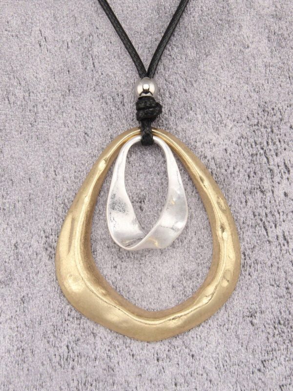 1 pièce Mode Collier à pendentif rond plat asymétrique géométrique en métal avec double cercle orné de perles pour hommes, corde de cire marron et noire, collier simple et décontracté – Image 7
