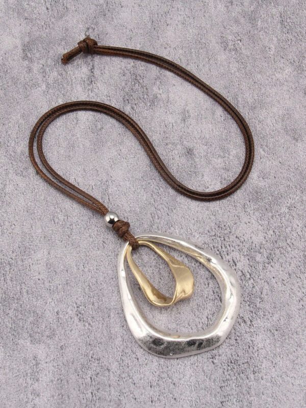 1 pièce Mode Collier à pendentif rond plat asymétrique géométrique en métal avec double cercle orné de perles pour hommes, corde de cire marron et noire, collier simple et décontracté – Image 15