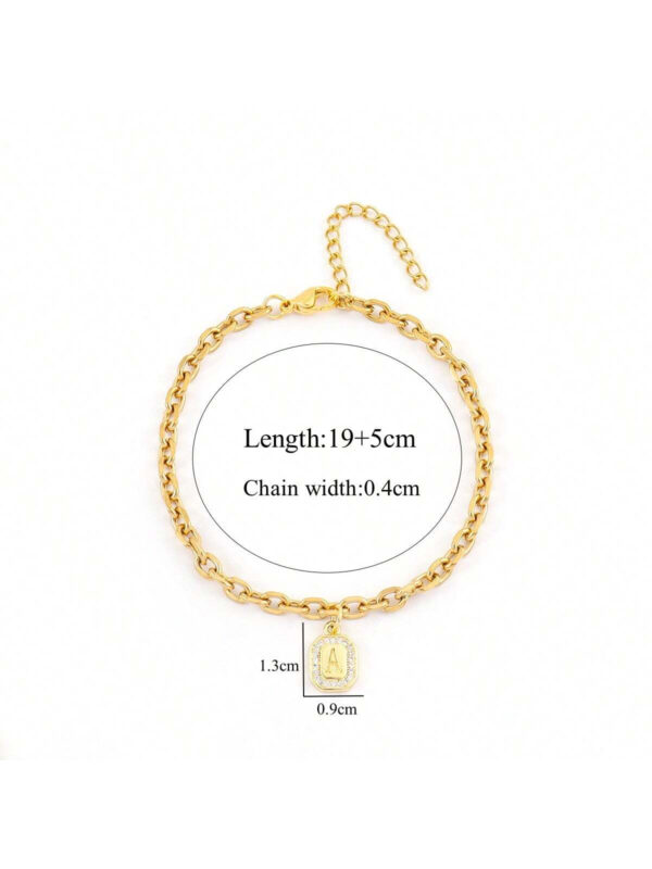 1 pièce Bracelet chaîne en acier inoxydable de couleur or avec pendentif initial rectangle en zircone pavé, simple pour homme – Image 2