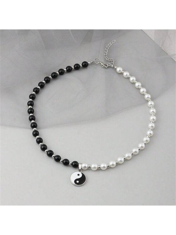 1 Pièce Pendentif En Alliage De Conception Tai Chi Yin Yang Simple À La Mode Avec Incrustation De Fausses Perles Noires Et Blanches Collier Personnalisé Pour Hommes – Image 3