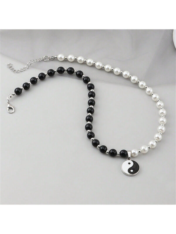 1 Pièce Pendentif En Alliage De Conception Tai Chi Yin Yang Simple À La Mode Avec Incrustation De Fausses Perles Noires Et Blanches Collier Personnalisé Pour Hommes – Image 4