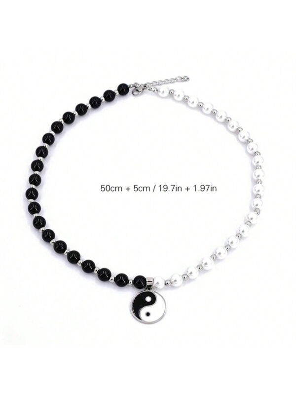 1 Pièce Pendentif En Alliage De Conception Tai Chi Yin Yang Simple À La Mode Avec Incrustation De Fausses Perles Noires Et Blanches Collier Personnalisé Pour Hommes – Image 9