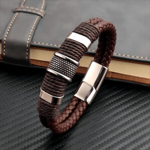 1pc Bracelet en PU Marron Vintage Multicouche De Luxe Pour Homme Avec Pierres En Perles, Bracelet De Poignet Masculin En Acier Inoxydable Bijoux Cadeaux