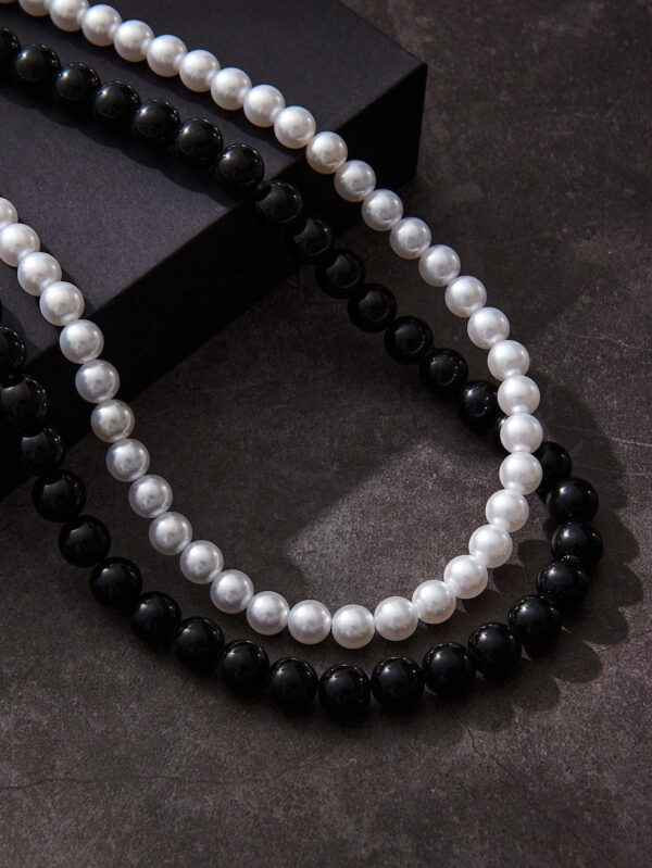2 pièces Collier simple tendance en perles noires et blanches, perles factices de 6 à 10 mm de diamètre. Convient pour les cadeaux de la Saint-Valentin et les vacances pour les couples, et pour le port quotidien des hommes pour la Saint-Valentin – Image 4
