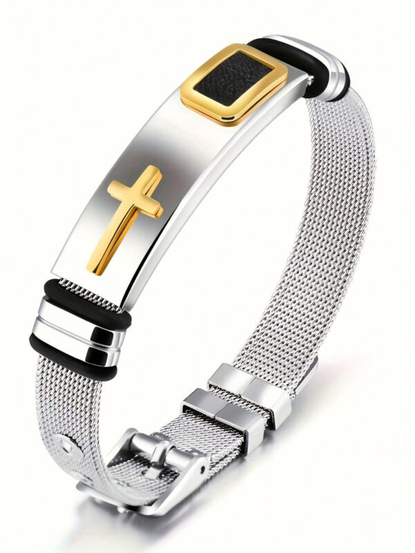 1 Pièce Bracelet Ajustable Pour Homme Avec Pendentif Croix En Acier Inoxydable À La Mode Plaqué Or 18 Carats – Image 2