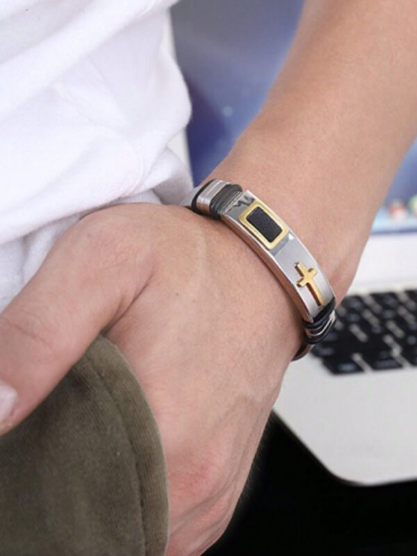 1 Pièce Bracelet Ajustable Pour Homme Avec Pendentif Croix En Acier Inoxydable À La Mode Plaqué Or 18 Carats – Image 6