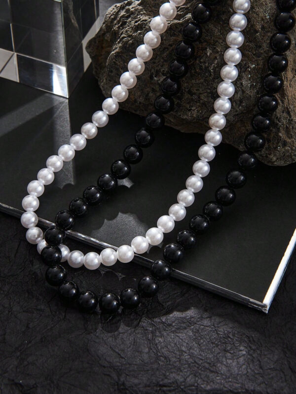 2 pièces Collier simple tendance en perles noires et blanches, perles factices de 6 à 10 mm de diamètre. Convient pour les cadeaux de la Saint-Valentin et les vacances pour les couples, et pour le port quotidien des hommes pour la Saint-Valentin – Image 18