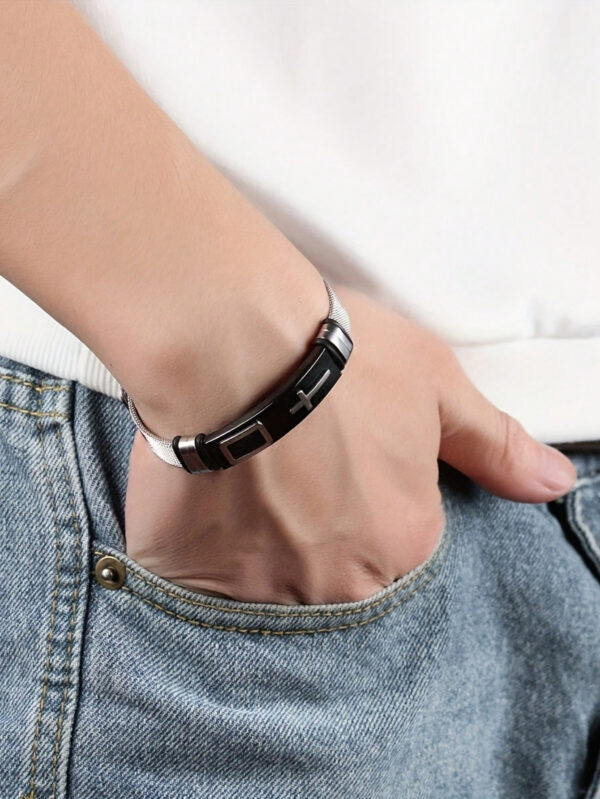 1 Pièce Bracelet Ajustable Pour Homme Avec Pendentif Croix En Acier Inoxydable À La Mode Plaqué Or 18 Carats – Image 7